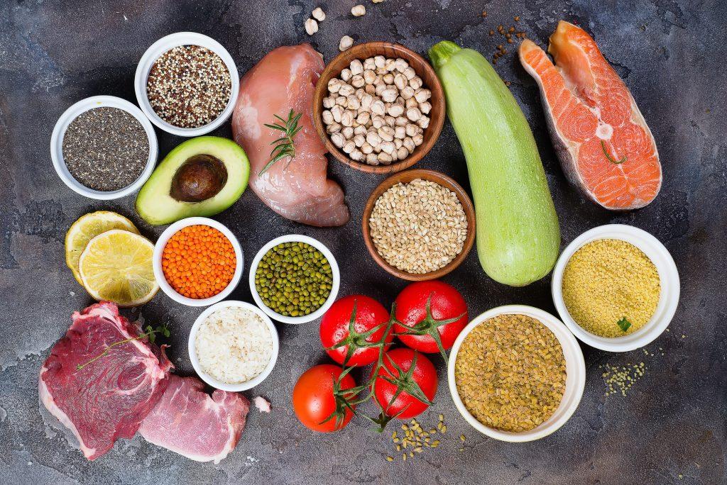 Healthy food eating сertain Protein Prevents Cancer: fish, meat, spice, vegetable, cereal